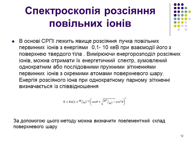 Спектроскопія розсіяння повільних іонів В основі СРПІ лежить явище розсіяння пучка повільних первинних іонів Спектроскопія розсіяння повільних іонів В основі СРПІ лежить явище розсіяння пучка повільних первинних іонів